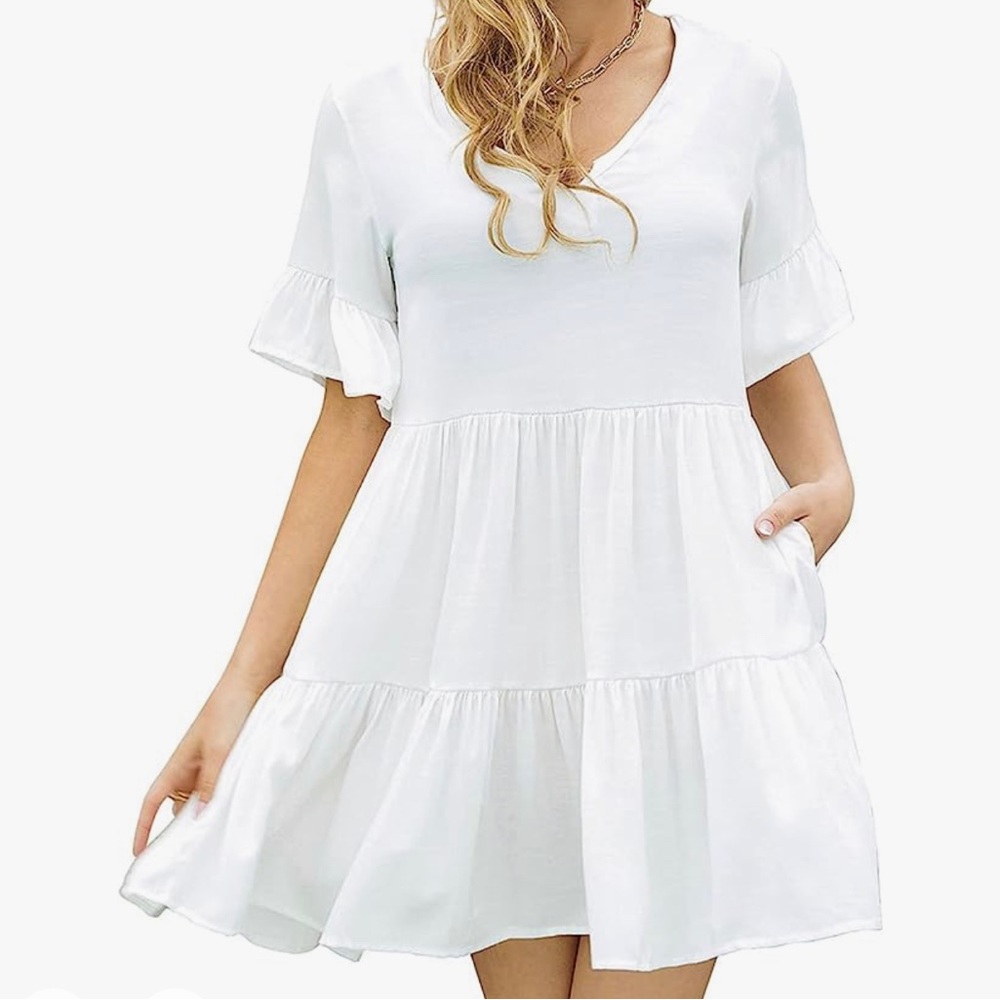 Women's Ruffle Dress V-Neck Short Sleeve MinDress Loose Flowy with Pockets.Sz 2X
